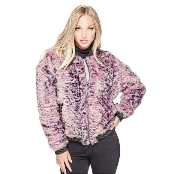 Guess black pink y2k fur bomber zip up coat jacket xl - Picture 1 of 11